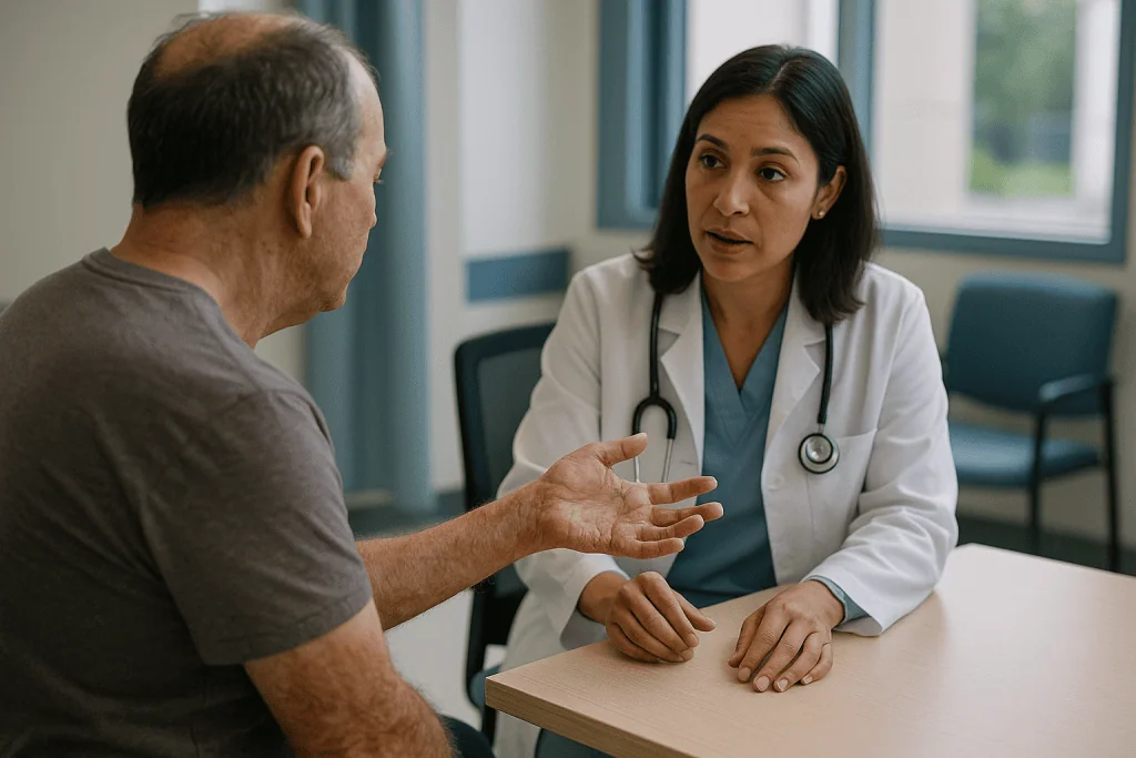 Doctor consulting patient in clinical office setting: What reconstructive surgery after burns actually involves
