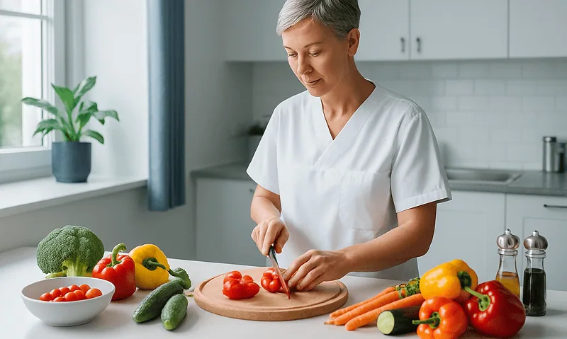 Woman preparing fresh vegetables in a modern kitchen for healthy eating.