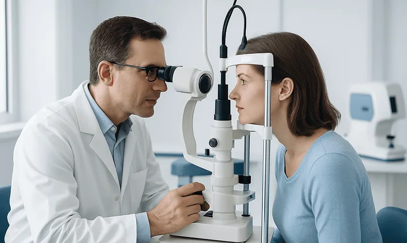 Ophthalmologist examining patient's eye with slit lamp in clinic.