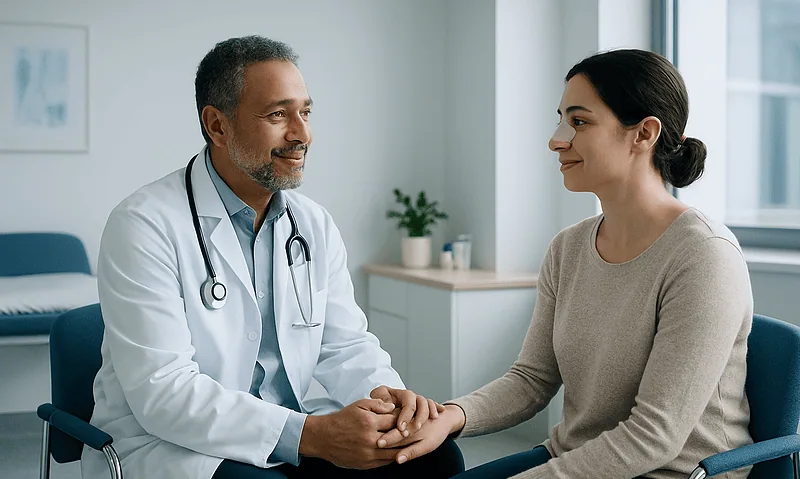 Doctor consulting with a patient about nasal reconstruction recovery.