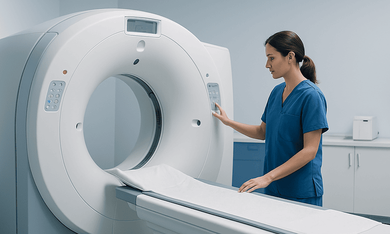 Medical professional operating a CT scanner in a hospital setting.