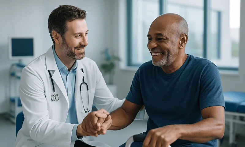Doctor shaking hands with a patient in a hospital room.