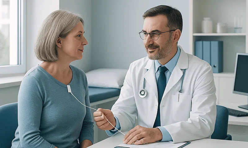 Doctor consulting with a middle-aged female patient in a medical office.