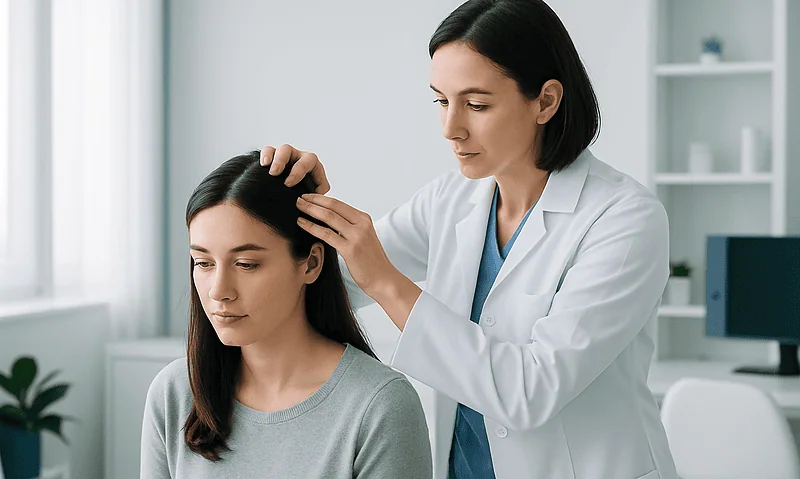 Doctor examining woman's scalp for alopecia regrowth progress.