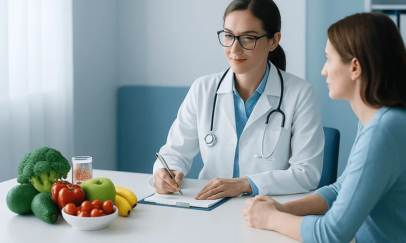 Doctor consulting a patient about health check-up in a medical office.