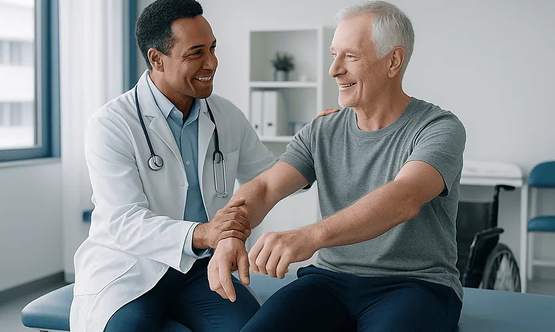 Doctor and patient smiling during a consultation at Acibadem Hospital.
