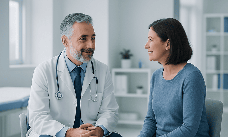 Doctor consulting with a female patient in a medical office.