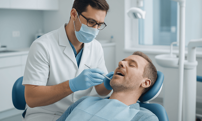 Dentist performing dental exam with patient in clinic setting.