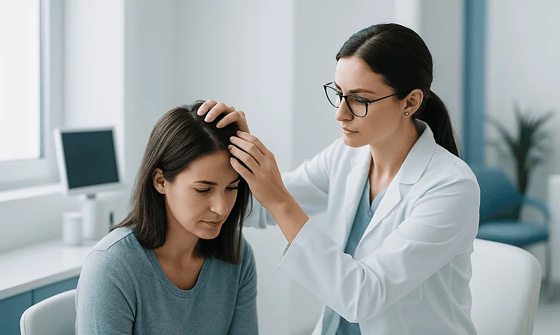 Doctor examining patient's scalp for hair loss treatment at Acibadem Hospital.