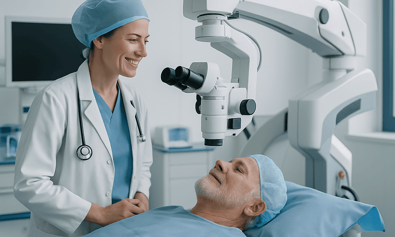 Surgeon and nurse using robotic ophthalmology equipment in operating room.