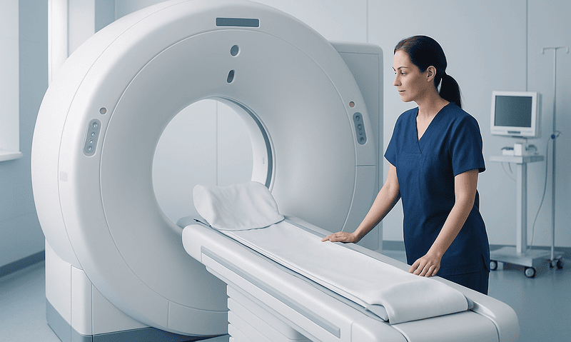 Medical professional prepares MRI machine in hospital setting.