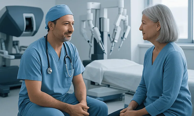 Surgeon and patient in a modern hospital room with robotic surgical equipment.