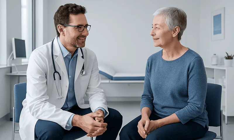 Doctor consulting with an elderly female patient in a medical office.