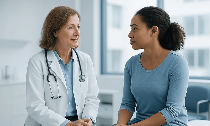 Doctor consulting with a patient in a medical office setting.