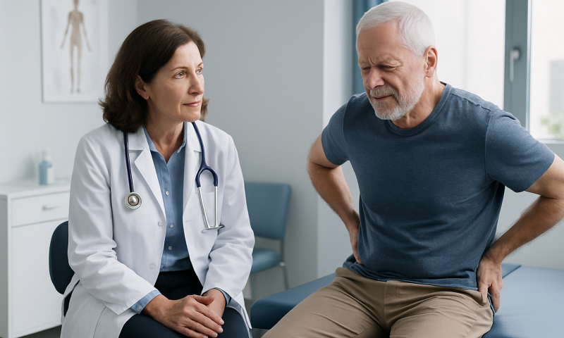 Doctor consulting with an elderly male patient about back pain.