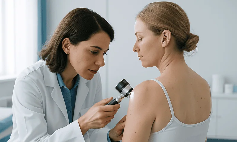 Doctor examining a patient's shoulder with a dermatoscope in a clinical setting.