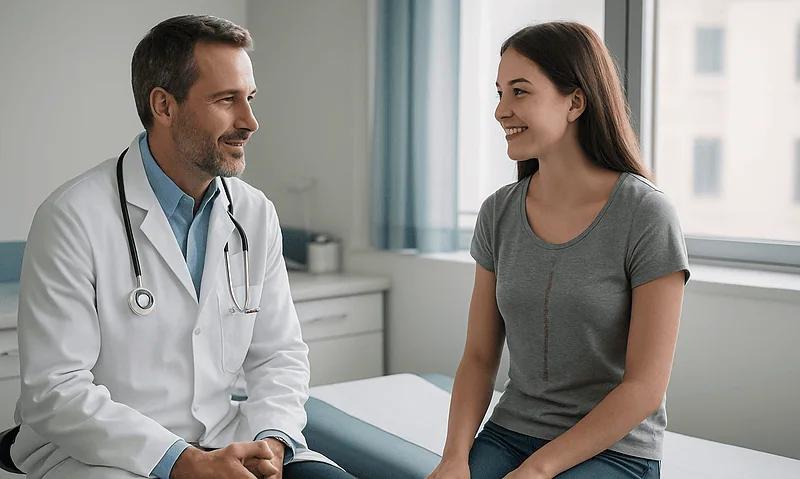 Doctor consulting with young woman in a medical office.