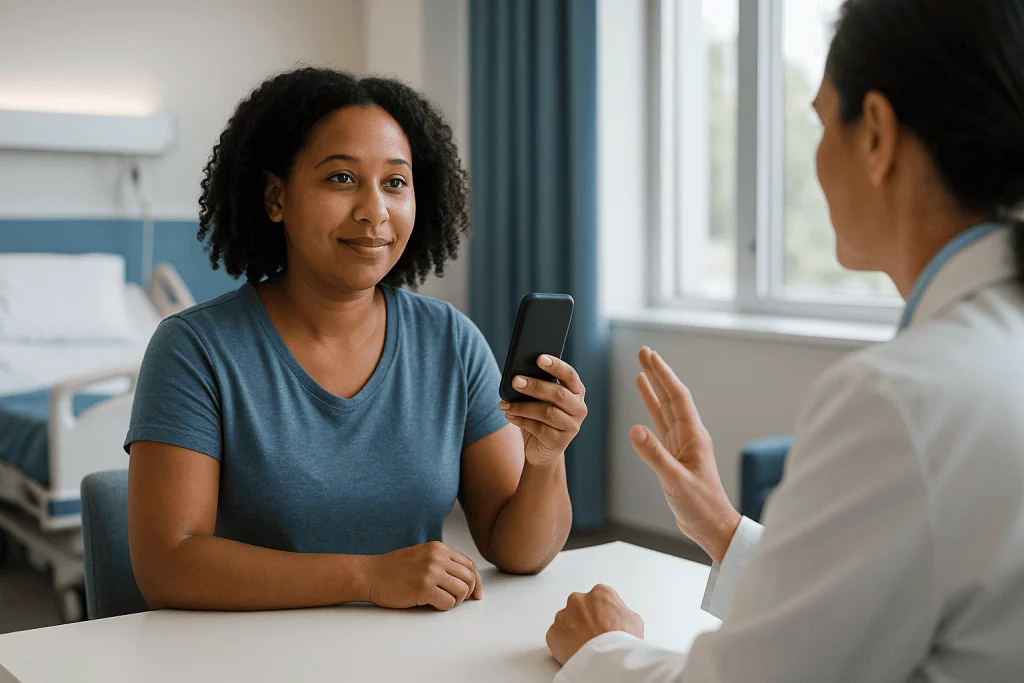 Patient consultation with healthcare provider holding smartphone: What seizure-free really means: how outcomes are classifie