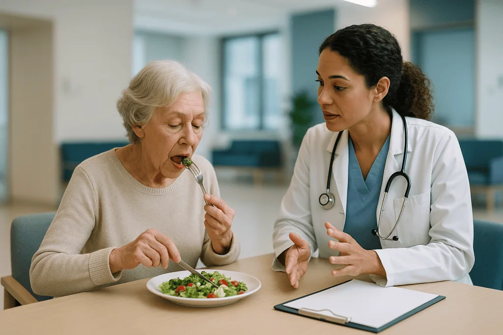 Elderly woman eating salad with female doctor consulting: What senescent cells, the so-called zombie cells, actually do