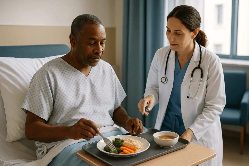 Doctor observing patient eating nutritious meal in hospital: What should I expect after colon resection surgery, and how lon