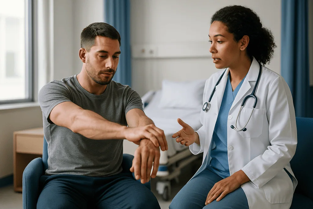 Doctor examining patient's arm or shoulder in consultation: What should I expect on day 5 after pectoral augmentation?