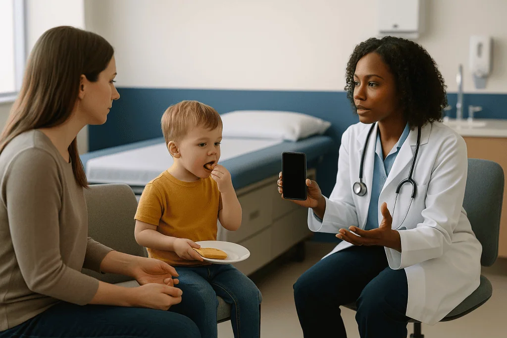 Doctor consulting with mother about toddler's health: What should the video show? Frame, sound and the seconds around the ep