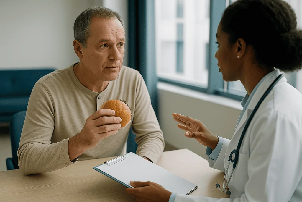 Doctor consulting patient holding apple in office: What should you not do before a cystoscopy?