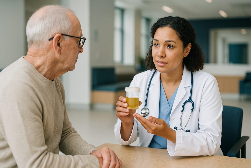 Doctor showing urine sample to elderly male patient: What shows up on a urine test if you have bladder cancer?
