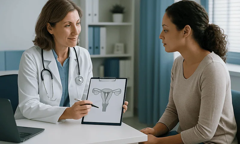 Gynecologist explaining ovarian cysts to a patient with diagram.