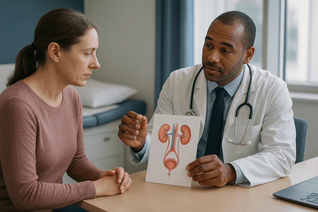 Doctor showing anatomical diagram to female patient: What size stone needs ureteroscopy? Size, location and hardness