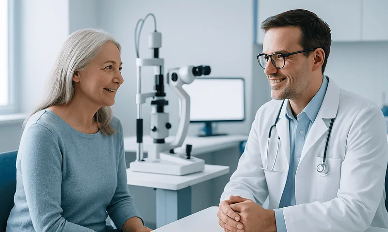 Optometrist consulting with an elderly female patient in a modern clinic.