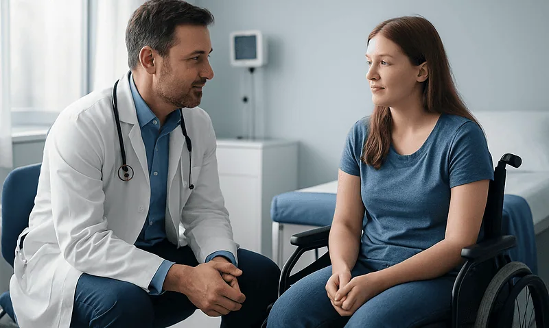 Doctor consulting with a young female patient in a hospital room.
