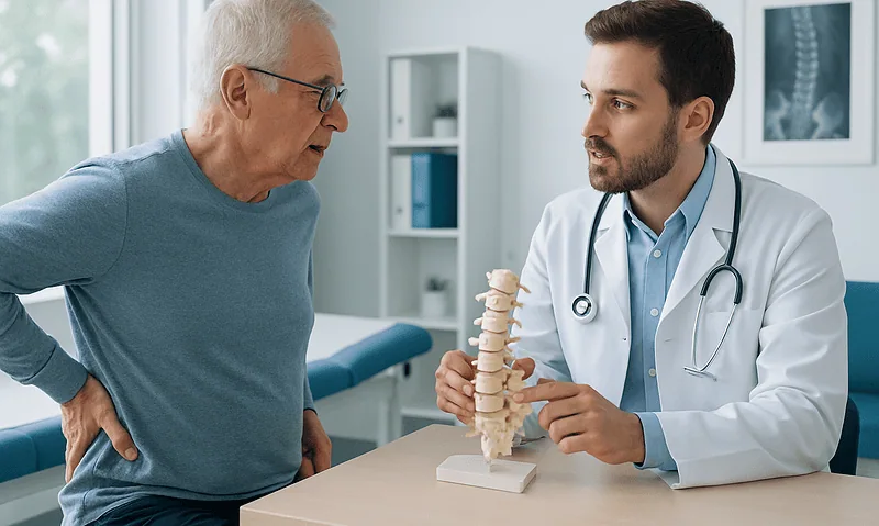 Doctor explaining spinal anatomy to elderly patient in clinic.