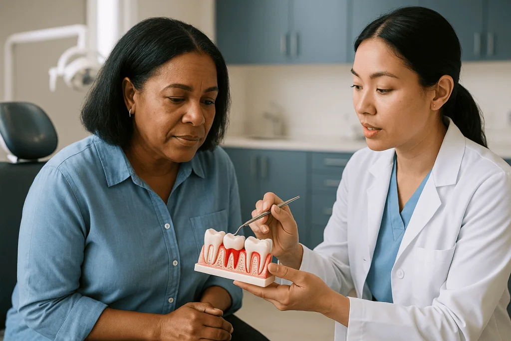 Dentist showing gum disease model to patient: What stage of gum disease is bleeding gums? Gingivitis vs periodontitis