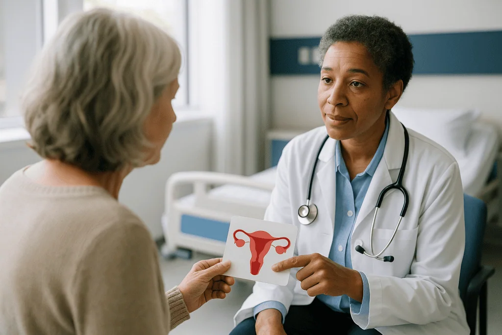 Doctor consulting patient about reproductive system diagram: What surgical menopause means when both ovaries are removed