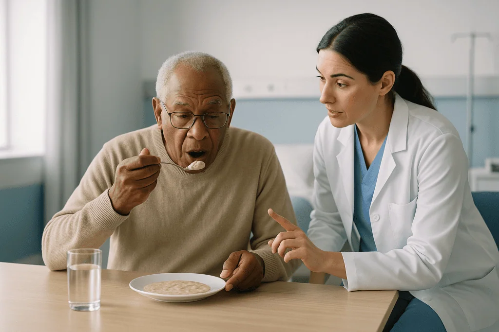 Healthcare provider observing elderly patient eating soup: What swallowing rehabilitation actually involves
