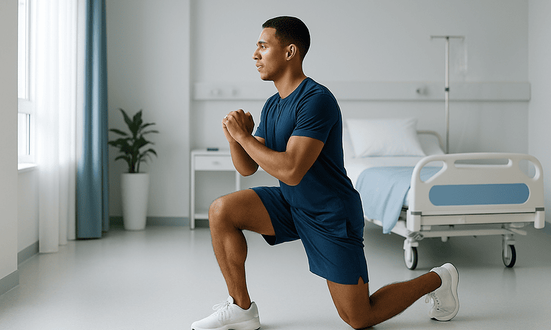 Man performing knee lunge exercise in hospital room.