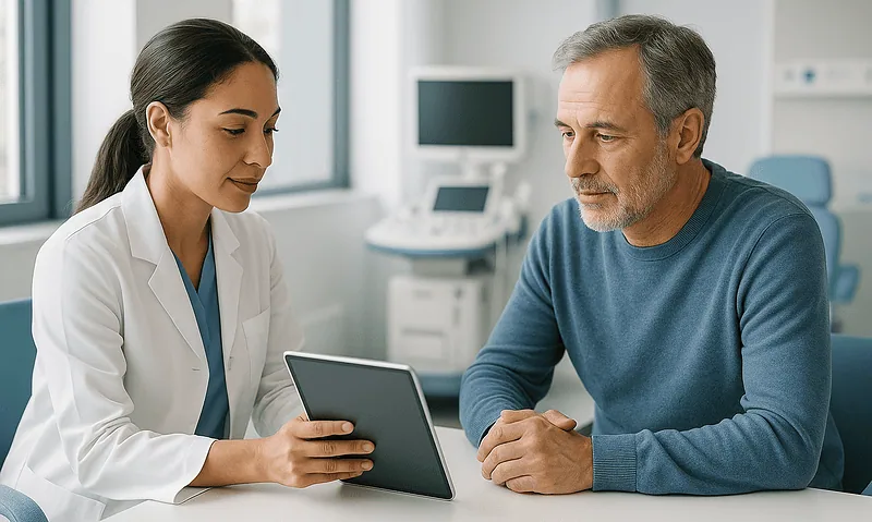 Doctor consulting with a patient using a tablet at Acibadem Hospital.