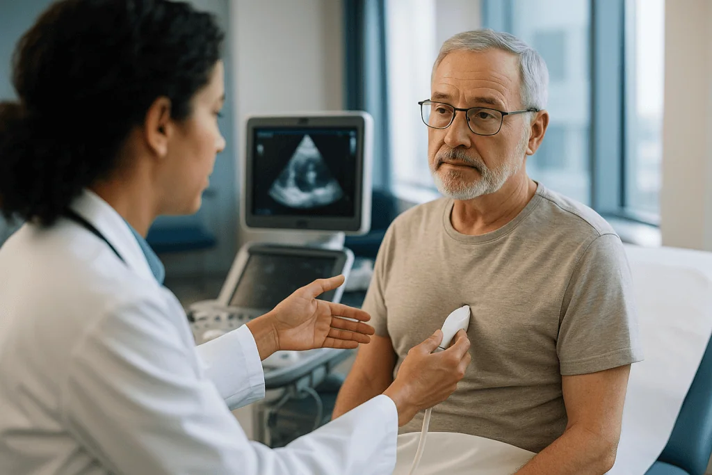 Doctor consulting with male patient during cardiac ultrasound examination: What test confirms cardiac amyloidosis, and why t