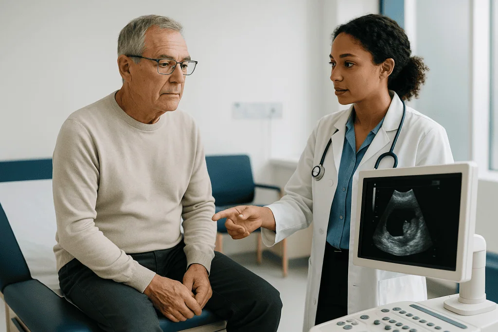 Doctor discussing ultrasound scan with elderly male patient: What test shows blocked arteries in the heart?