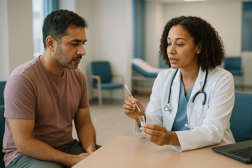 Doctor consulting with male patient at desk: What tests are done for urethritis at the first visit?