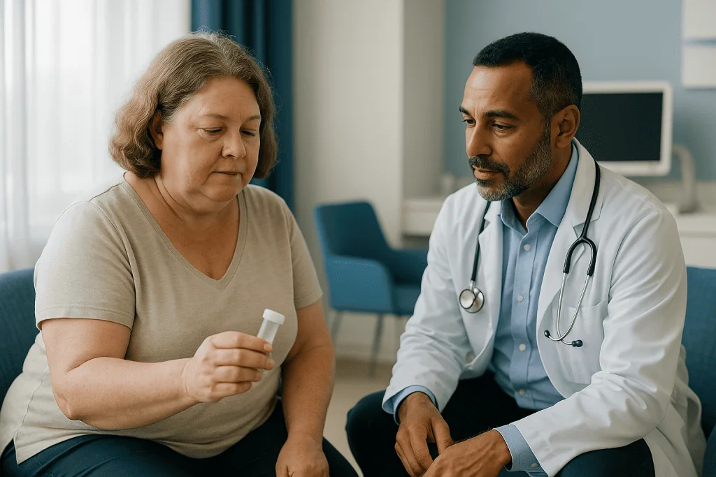 Doctor consulting with middle-aged woman holding medication bottle: What tests confirm Cushing's disease? The three first-li