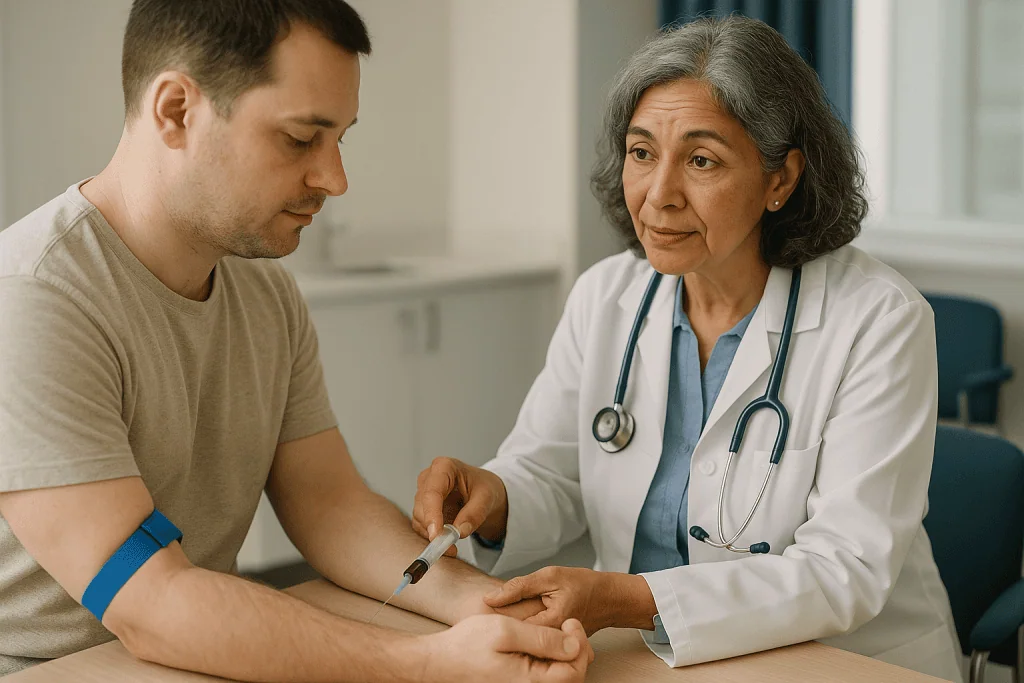 Doctor examining patient's arm with blue tourniquet band: What tests happen at the preoperative hematology visit?