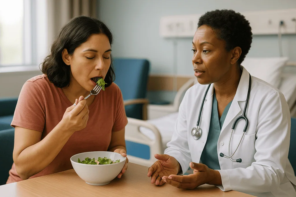 Doctor consulting patient eating salad in clinic: What the adrenal glands and cortisol actually do