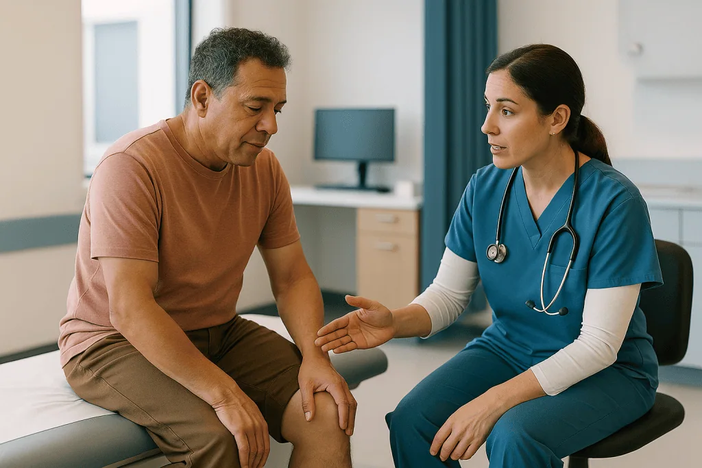 Doctor consulting with patient about knee injury: What the arthroscope camera actually sees
