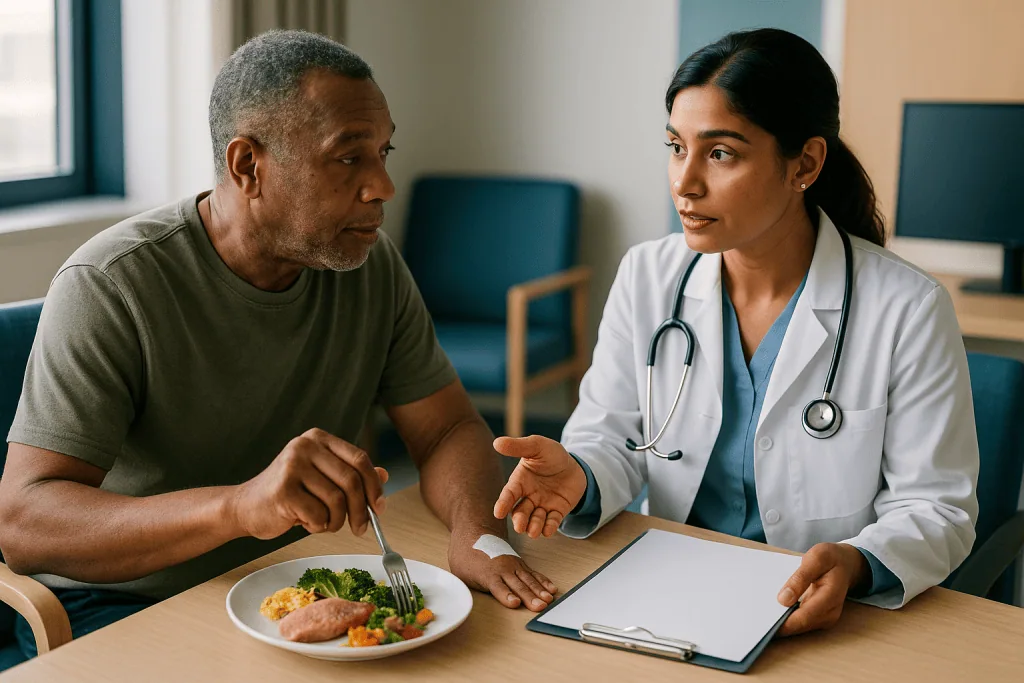 Doctor consulting patient about meal and health records: What the blood tests check, and why your remaining kidney gets its 