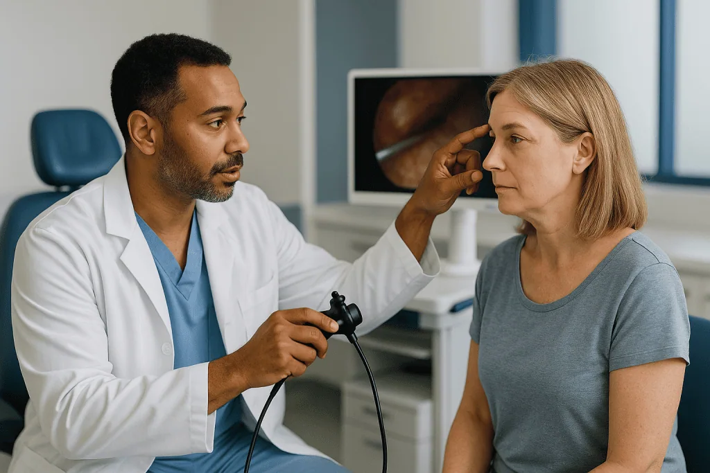 Doctor examining patient's face with otoscope: What the camera shows: working in the plane between skin and bone