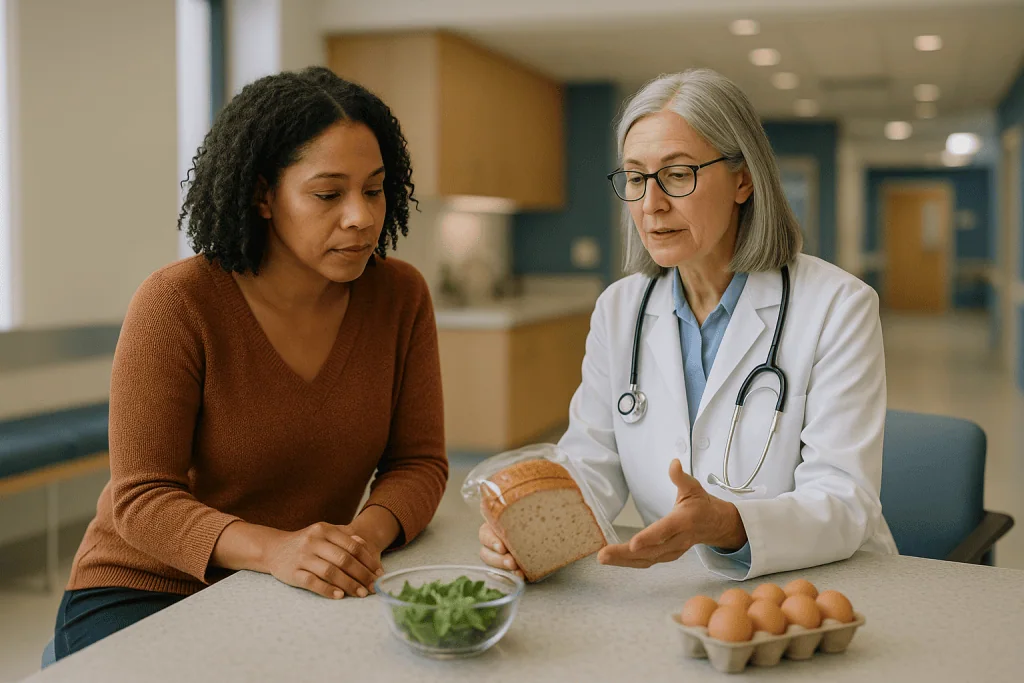 Doctor discussing gluten-free diet with patient using food: What the celiac disease gluten-free diet actually means in the k