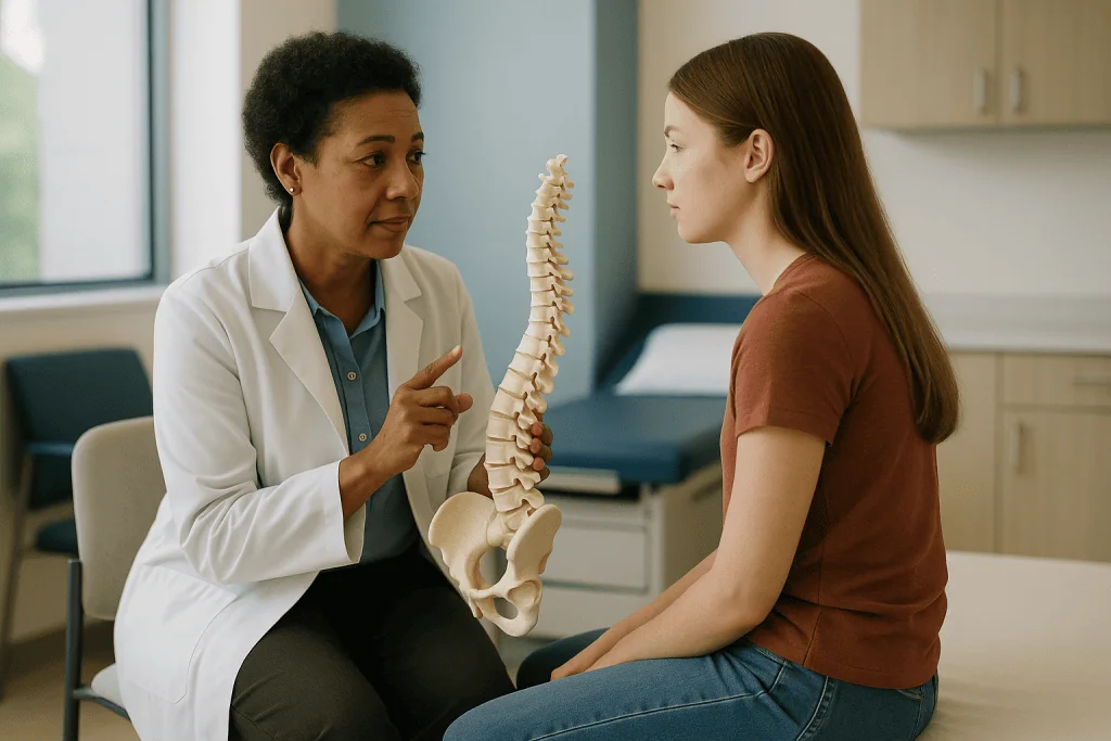 Doctor explaining spinal anatomy model to patient: What the Cobb angle measures, and why one number never decides alone