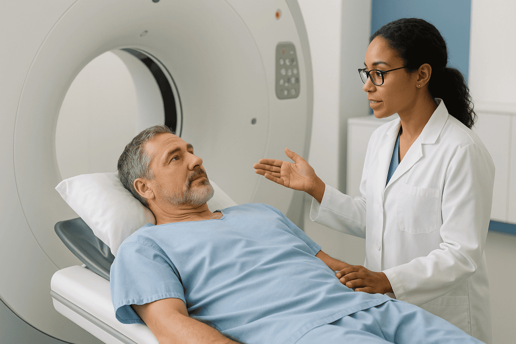 Doctor explaining CT scan procedure to male patient: What the CT urography procedure shows and what actually happens during 
